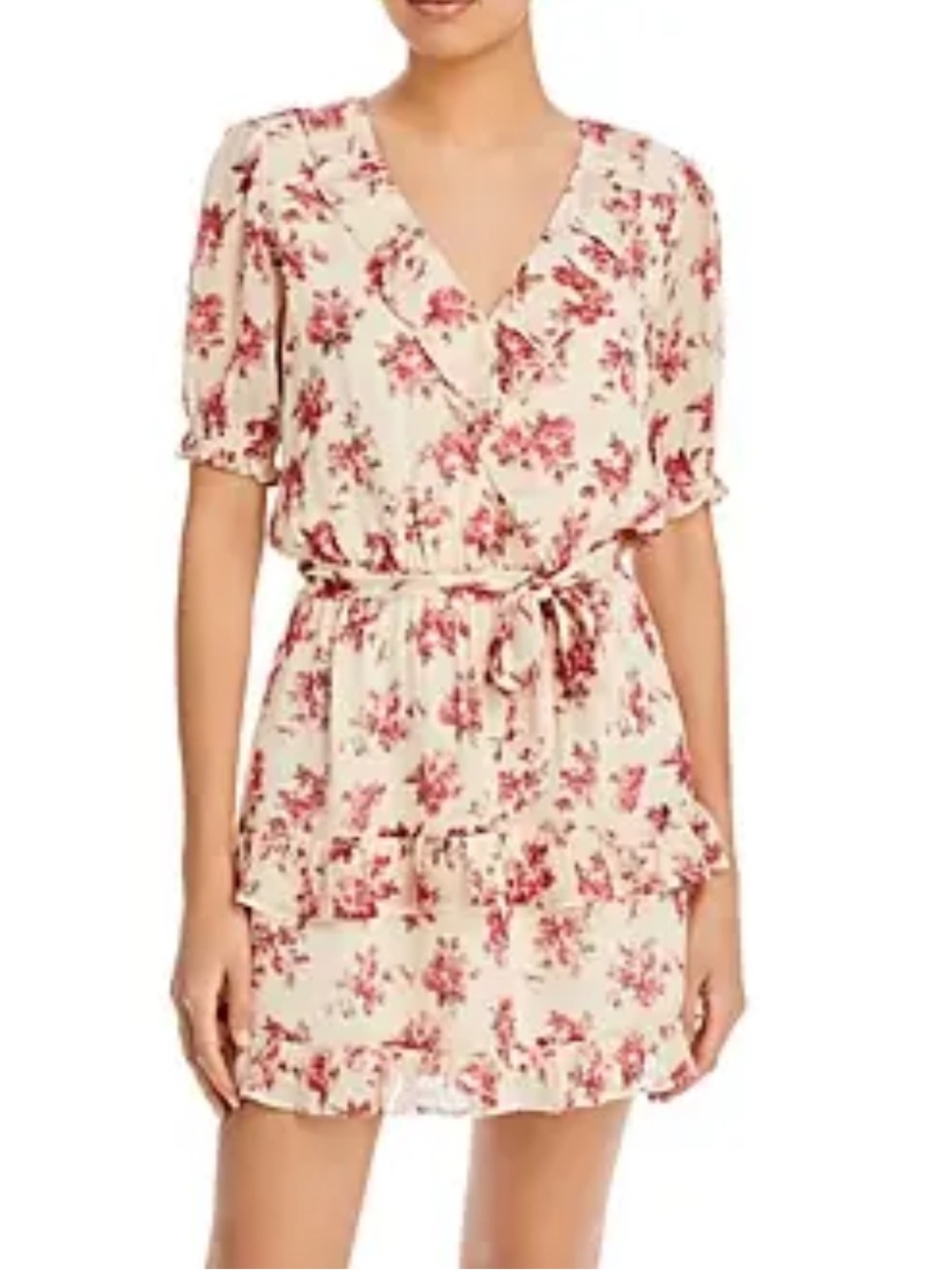 PAIGE 100% silk Cream Dress with Rose-Print Ruffles size M